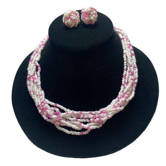 Vintage Pink and White Bohemian Glass MultiStrand Necklace Set NWT - Picture 2 of 15